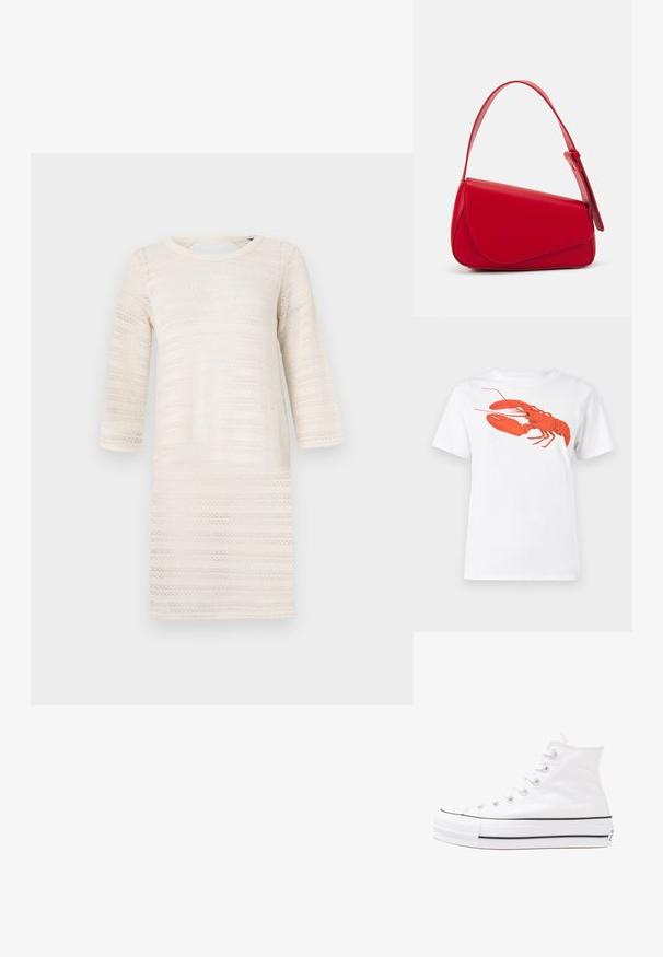 Abito crema al ginocchio con maniche a tre quarti, caratterizzato da un motivo testurizzato di strisce orizzontali. Collo rotondo, materiale in maglia leggera.; T-shirt bianca in cotone con una grande grafica di aragosta rossa brillante sul davanti. Maniche corte e design con colletto rotondo standard.; Sneaker alta in tela bianca con suola in gomma nera, punta in gomma frontale e sei asole per i lacci, caratterizzata da un design pulito e minimalista.; Borsa a tracolla in pelle rossa con un design angolare e geometrico. Presenta una singola tracolla regolabile e una chiusura a patta con dettagli cuciti.