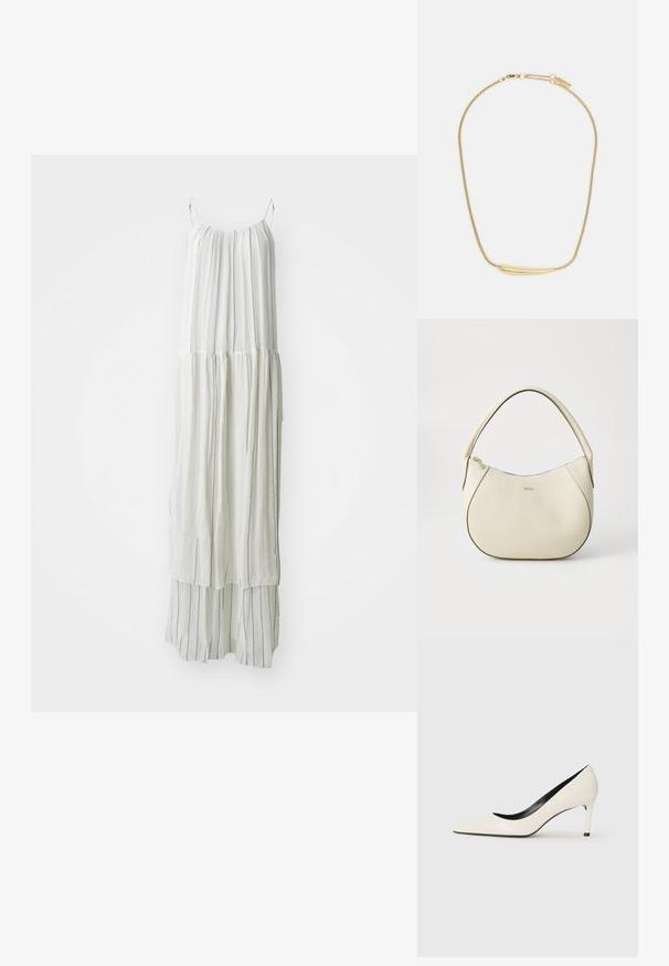 Pitkä valkoinen mekko, joka on valmistettu kevyestä kankaan. Siinä on pystysuoria teksturoituja raitoja ja virtaava siluetti ohuilla olkaimilla.; Valkeasta kiillotetusta nahasta valmistetut korkokengät, joissa on teräväkärkinen muotoilu, hoikka korko ja mustat sisäosat. Suora pinta ja tyylikäs muotoilu.; Kermakallinen käsilaukku tekstuuripinnalla, kaarevassa muodossa, lyhyellä varrella ja kultaisella logotunnuksella. Vetoketjukiinnitys ylhäällä.; Kultaketju, jossa on sileä, kaareva keskuskoriste. Mukana joustava ketju, jossa on lutikka-ansa ja lisä-adjustoitavat ketjulenkit.