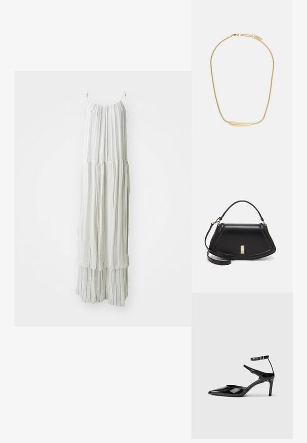 Ilga balta suknelė, pagaminta iš lengvos medžiagos. Savybė - vertikalūs tekstūruoti dryžiai ir plazdanti siluetas su plonais petnešomis.; Juodos lakinės odos aukštakulnės su smailiu koja, reguliuojamais kulkšnies dirželiais ir lieknu kulnu. Lygus paviršius su blizgiu apdaila.; Juoda odinė rankinė su struktūrizuotu dizainu, turi trumpą formą, viršutinę rankeną ir auksinius akcentus. Pridėtas reguliuojamas peties diržas.; Auksu padengta apyrankė su lygiu, įgaubtu centriniu akcentu. Pasižymi lankstoma grandinėle su vėžlio užsegimu ir papildomais reguliuojamais grandinėlių ryšiais.