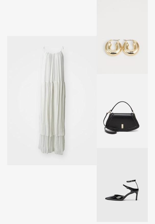 Lång vit klänning i lätt tyg. Har vertikala strukturerade ränder och en flödande silhuett med tunna remmar.; Svarta lackskinnshälar med spetsig tå, justerbara ankelremmar och en smal klack. Slät textur med en glänsande yta.; Svart läderhandväska med en strukturerad design, som har en avskuren form, ett handtag upptill och guldiga detaljer. Justerbar axelrem ingår.; Guldörhängen med en slät, rundad design och en glänsande yta, utrustade med ett lås för säkerställande. Graverade med "DKNY."