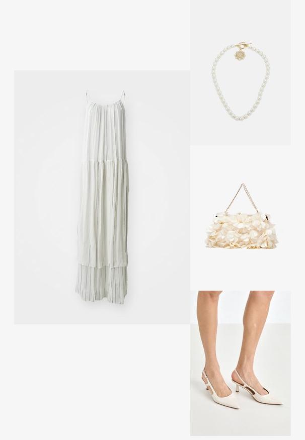 Dlouhé bílé šaty z lehké tkaniny. Mají vertikální texturované pruhy a splývavý střih s tenkými ramínky.; Béžové lakované lodičky na podpatku s špičatou špičkou a 5 cm podpatkem, se vykrojenými boky a tenkým kotníkovým páskem.; Bílá květinová kabelka s nabraným textilním povrchem, řetízkovým popruhem ve zlatém tónu a kovovým zámkem. Disponuje texturovanými okvětními lístky pro větší detail.; Lauren Ralph Lauren COLLAR - Náhrdelník - gold-coloured/white