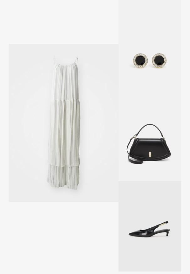 Duga bijela haljina od lagane tkanine. Ima vertikalne teksturirane pruge i lepršavu siluetu s tankim naramenicama.; Crne kožne sandale s petom, s izduženim vrhom, imaju usku petu i zlatni akcent na podesivoj traci. Glatka tekstura.; Crna kožna torba s strukturiranim dizajnom, s krojenim oblikom, gornjom drškom i zlatnim detaljima. Uključena je podesiva ramena traka.; DKNY INLAY STUD - Naušnice - black/gold-coloured