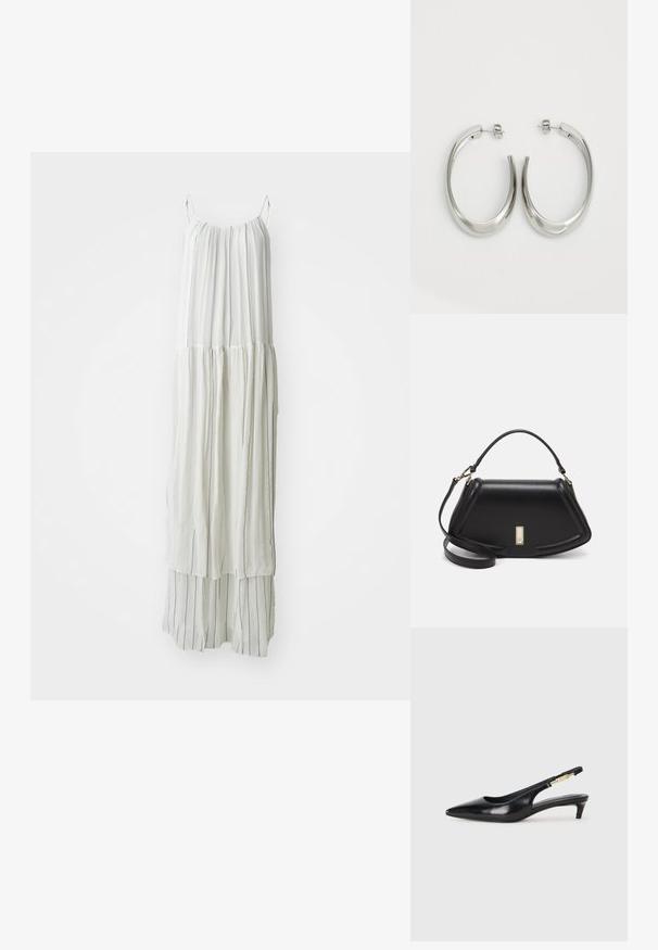 Lang hvid kjole lavet af letvægtsstof. Den har lodrette teksturerede striber og en flydende silhuet med tynde stropper.; Sorte læder slingback hæle med spids tå, der har en slank hæl og en guldfarvet detalje på den justerbare rem. Glat tekstur.; Sort læderhåndtaske med en struktureret design, der har en kortet form, tophåndtag og guld hardware-accenter. Justerbar skulderrem inkluderet.; Sølv hoops øreringe med et glat, buet design. Har en skinnende metallisk finish og studs-lukning. Ingen synlige mønstre eller accenter.
