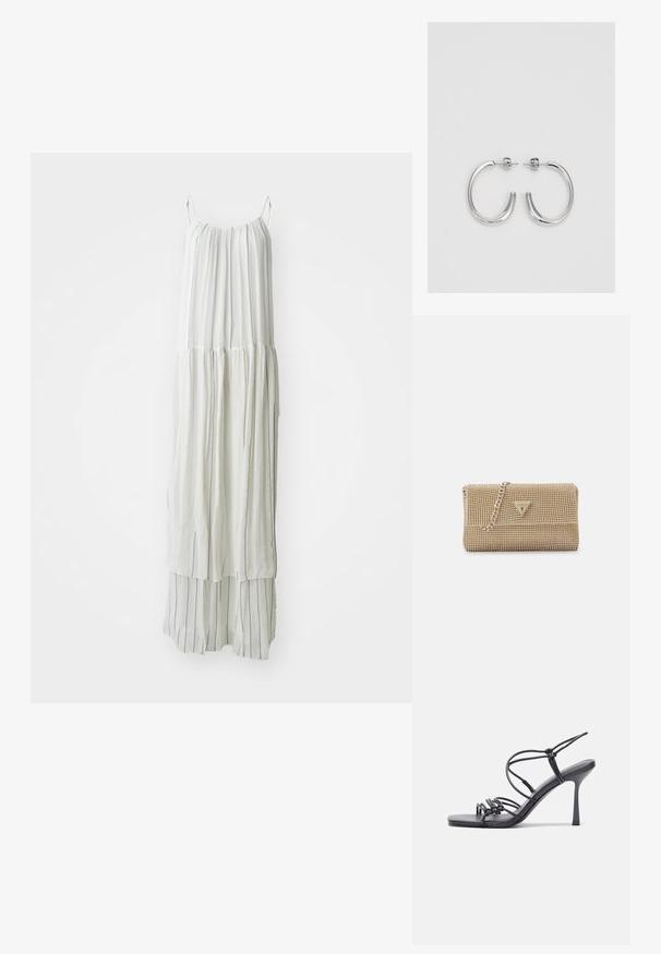 Dolga bela obleka iz lahkega materiala. Ima vertikalne teksturirane črte in lepe silhuete s tankimi naramnicami.; Črne visoke sandale na peto imajo tanke naramnice z vozlom, gladek kvadratni toe in eleganten stiletto peto.; Zlata torbica z zapleteno teksturo iz perlic, trikotno logotipno akcento in kovinsko verižico. Pravokotna oblika, elegantna zasnova.; Srebrne obročaste uhane z gladko, sijočo površino. Zaobljena oblika, lahka zasnova, z zapiranjem na zatič.