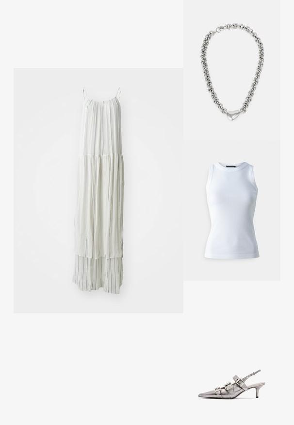 Long white dress made of lightweight fabric. Features vertical textured stripes and a flowing silhouette with thin straps.; White sleeveless top made of ribbed fabric, featuring a round neckline and a fitted silhouette. Smooth texture, no visible patterns or accents.; Metallic silver slingback heel with pointed toe, featuring three wide straps and square metallic buckles. Glossy texture and slim heel.; Silver chain necklace featuring interconnected round links and a polished heart-shaped accent in the center. Secure clasp included.