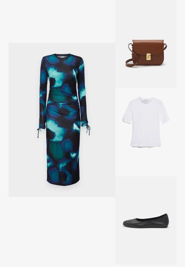 Long-sleeve dress in a dark background with turquoise and green abstract patterns, featuring side ruching and ties at the sleeves.; White short-sleeve t-shirt made of ribbed fabric. Round neckline, regular fit, and subtle stitching details. No patterns or graphics.; Black leather ballet flat with a rounded toe, smooth texture, minimal stitching detail, and a flexible sole design.; Brown leather handbag with a flap closure, gold-tone hardware, a shoulder strap, and a smooth texture. Compact rectangular shape.