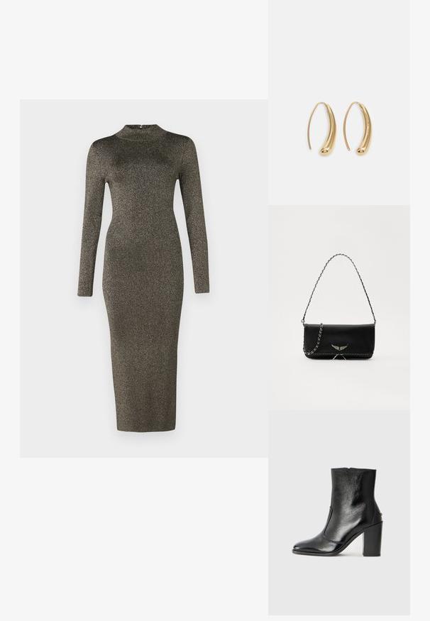 Ilga rankovė, prie kūno priglundantys midi suknelė tamsios metalinės medžiagos su aukštu kaklu. Lygi tekstūra ir minimalus apipavidalinimas. Spalvų perėjimas nuo tamsios iki šviesios.; Juodas odinis kulkšninis batas su lygiu paviršiumi, smailiu pirštu ir masyviu aukštu kulnu. Savybė - šoninis atidarymas ir minimalistiškas dizainas.; Juodas odinis delninukas su sidabro spalvos grandinele, papuoštas dekoratyviniais sparnų akcentais ir balta siūle apačioje.; Auksinės metalinės auskarų kabės su lenktą, pailgą forma. Turi lygų, blizgantį paviršių ir užapvalintą galiuką papildomam akcentui.