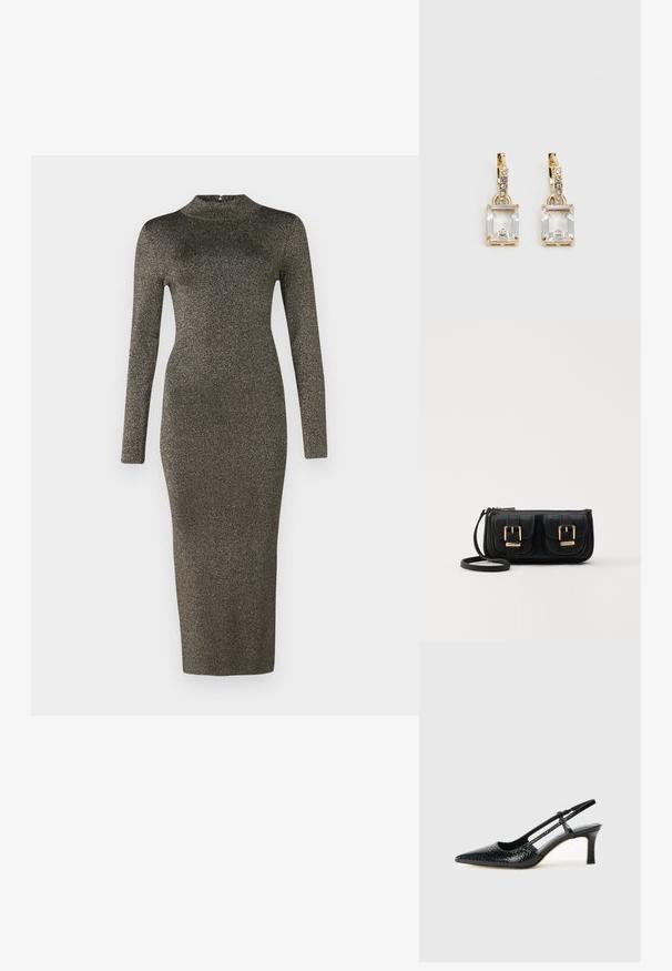 Vestido midi de manga longa, ajustado ao corpo, em tecido metálico escuro com gola alta. Textura suave e detalhes mínimos. Gradiente de cor do escuro para o claro.; Salto slingback em patente preta com bico apontado, apresentando um padrão de pele de cobra texturizado, tira ajustável e um salto bloco curto e texturizado.; Bolsa de ombro em couro preto com dois bolsos frontais, fivelas douradas, fecho de zíper e uma alça fina. Superfície texturizada e forma retangular compacta.; Brincos em tom de ouro com um cristal retangular claro pendurado abaixo de uma linha de pequenos acentos redondos claros. Design elegante e moderno.