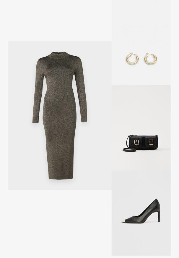 Pitkähihaisessa, vartaloa myötäilevässä midi-mekossa on tumman metallinen kangas ja korkea kaulus. Pintakuvio on sileä ja yksityiskohtia on vähän. Väri liukuu tummasta vaaleaan.; Musta nahkainen korkokenkä, jossa on kärkiosa ja metallinen hopeanvärinen kärki. Kenkä on sileäpintainen ja siinä on kapea 10 cm korko.; Musta nahkainen olkalaukku, jossa on kaksi etutaskua, kultaiset soljet, vetoketjukiinnitys ja kapea hihna. Teksturoidun pinnan ja kompaktin suorakaiteen muoto.; Lauren Ralph Lauren BASIC SMALL HOOP - Korvakorut - gold-coloured