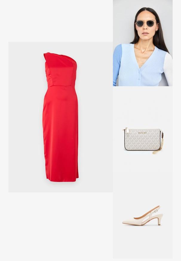 Punane satiinist kleit ühe õlavarre disainiga ja istuva siluetiga, millel on sujuv tekstuur ja pikk, sirge lõige hemmini.; Valge slingback konts, terava ninaga, siledast ülemisest materjalist, madala ploki kontsaga ja külgse nähtavusega ning reguleeritava pandla rihmaga.; Ringikujulised prillid tumedate läätsede ja kullast raamiga. Mudel on selga pannud helesinise soonikuga kardigani, millel on nupud ja kontrastsed valged varrukad.; Michael Korsi randmevõru beige kaetud kangast, millel on korduv MK logo muster, kuldne riistvara ja eemaldatav ahelistrap.