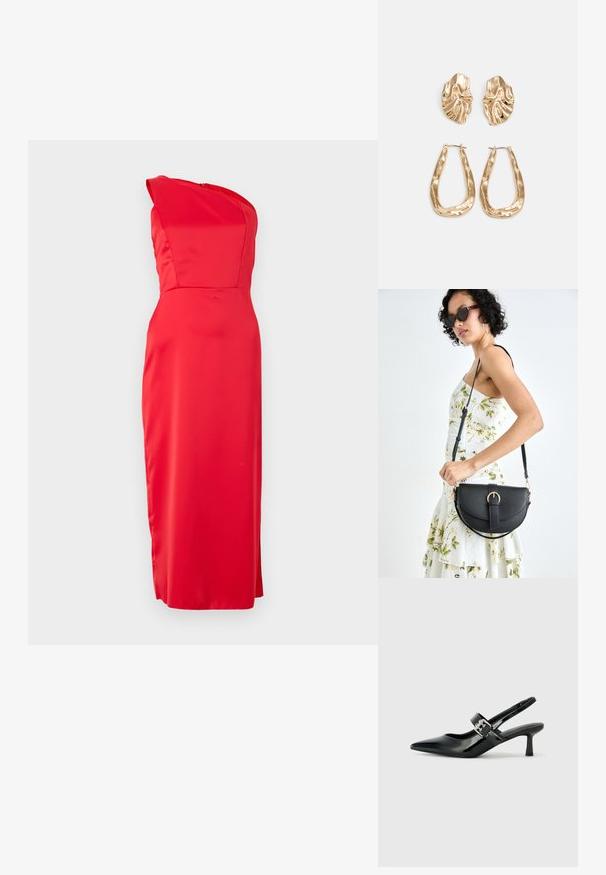 Vestido de cetim vermelho com design de um ombro e silhueta ajustada, apresentando uma textura suave e um corte longo e reto até a bainha.; Saltos slingback em verniz preto com bico pontiagudo e um pequeno salto bloco, apresentando um detalhe de fivela prateada na tira.; Bolsa de couro preta com forma curva, alça destacável e detalhes em dourado. A bolsa possui uma aba com detalhe de fivela.; Brincos em tom de ouro com formas onduladas e texturizadas. Inclui studs escultóricos com presilha e um design de argola aberta com um acabamento martelado.