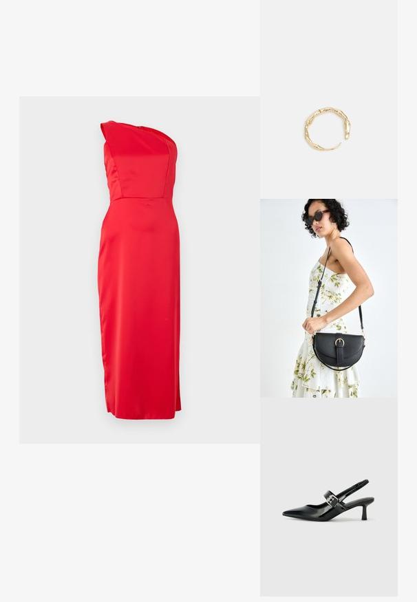 Rdeča satenasta obleka z oblikovanjem enega ramena in prilegajočim silhueto, ki se ponaša z gladko teksturo in dolgim, ravnim krojem do roba.; Črne patent usnjene slingback pete s koničastim nosom in majhnim blok peto, ki vključujejo srebrno zaponko na traku.; Črna usnjena torbica s ukrivljeno obliko, z odstranljivo naramnico in zlatimi dodatki. Torbica ima pokrov s podrobnostmi v obliki zaponke.; Zlati prstan s organskim, zvitim dizajnom, gladko površino in taperiranimi konci, ki ustvarja modernega, skulpturalnega videza.