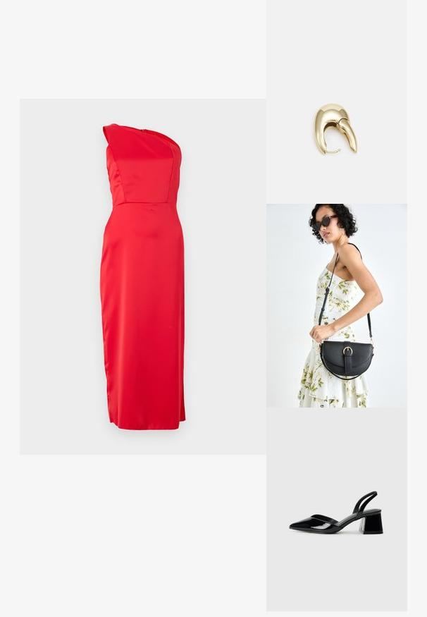 Piros selyemruha egy vállon hordható fazonnal és testhezálló siluettel, sima textúrával és hosszú, egyenes szabással az alsó szegélynél.; Fekete lakk bőr szandálkés magas sarkú cipő, hegyes orral és geometrikus tömbsarkakkal. Karcsú, minimalista dizájn és sima textúra jellemzi.; Fekete bőrtáska ívelt formával, levehető pánttal és arany színű fémrészekkel. A táskán egy csattal díszített fedél található.; Aranyszínű fém fülbevaló, elegáns, ívelt formával. Különleges hegyes alak, fényes felszín és zsanéros záródás jellemzi.