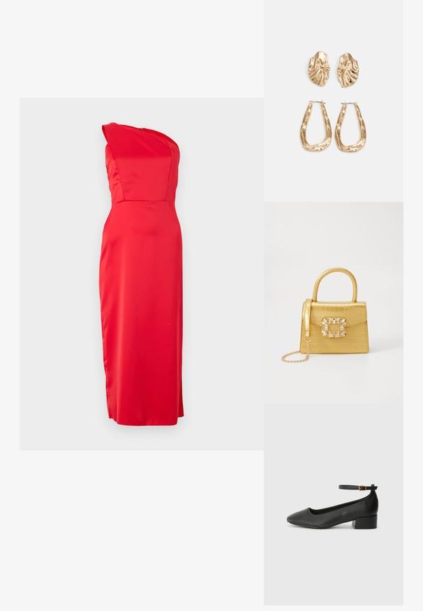 Crvena satenasta haljina s jednim naramenicom i uskim krojem, koja ima glatku teksturu i dugi, ravni završetak.; Crne kožne pumpe s oštrim vrhom i niskom blok petom. Sadrže remen oko gležnja s zlatnim kopčanjem. Glatka tekstura.; Žuta torbica od umjetnog krokodila sa strukturiranim dizajnom, gornjom ručkom, odvojivim lančićem i dekorativnim kristalnim ukrasom na kopči.; Naušnice zlatne boje s teksturiranim, valovitim oblicima. Uključuju skulpturalne kopče i dizajn otvorene kružnice s kovanom završnom obradom.