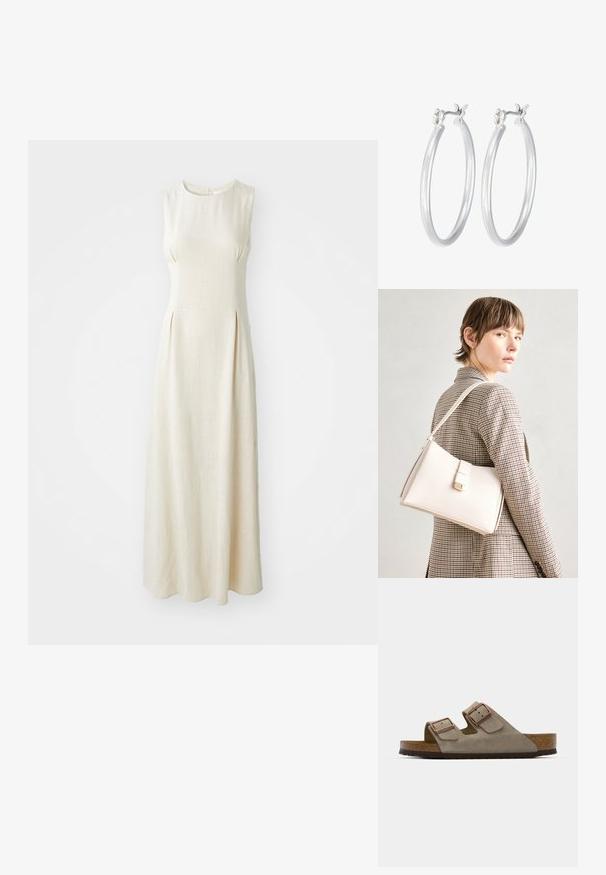 Vestido maxi sin mangas de color crema, hecho de un tejido texturizado, con un cuello redondeado y sutiles pliegues en la parte delantera.; Sandalia de ante en gris claro con dos hebillas ajustables, una plantilla de corcho y una suela de goma texturizada.; Bolso de mano de cuero blanco con un diseño estructurado, que presenta un cierre magnético y una correa para el hombro, exhibido sobre un fondo neutro.; Pendientes de aro de plata con un acabado liso y pulido. Forma redonda y cierre de click seguro. Diseño ligero adecuado para el uso diario.