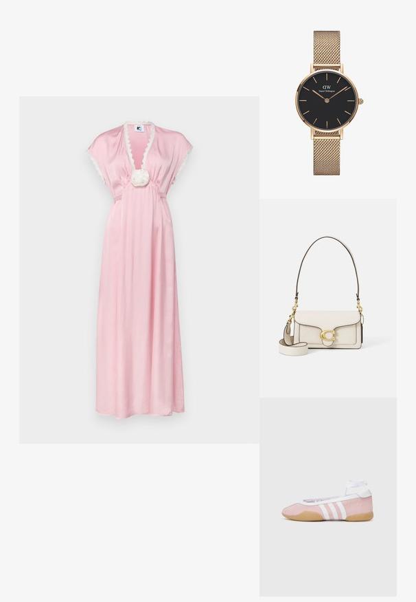 Dlouhá růžová saténová šaty s hlubokým V-výstřihem, krátkými rukávy a vroubkovaným krajkovým lemem, s květinovým akcentem v pase.; adidas Originals TAEKWONDO MEI BALLET - Tenisky - clear pink/ftwr white/gum; Krémová kožená kabelka se strukturovaným designem, kontrastními černými okraji, zlatými kovovými prvky a odnímatelným popruhem s podpisovým logem.; Zlatý kovový náramek hodinek od Daniel Wellington s kulatým černým ciferníkem, zlatými hodinovými značkami a logem na pozici 12 hodin. Jednoduchý, elegantní design.