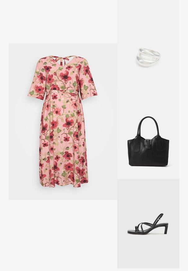 Cvjetna haljina s roza pozadinom, s uzorkom crvenih i zelenih cvjetova, kratkim lepršavim rukavima i V-izrezom s detaljem vezanja na leđima.; Crne sandale s trakama, kvadratnim prstom i niskom blok petom. Ima više tankih trakica i podesivu trakicu oko gležnja. Izrađene su od glatke kože.; Crna kožna torba za nošenje s glatkom teksturom, strukturiranim oblikom, dvije ručke i istaknutim srebrnim kopčanjem na prednjoj strani.; Srebrna dvostruka prsten s glatkom, poliranom površinom. Karakterizira ga fluidan, zakrivljen dizajn s preklapajućim sekcijama za moderan izgled.; Srebrna dvostruka prsten s glatkom, poliranom površinom. Karakterizira ga fluidan, zakrivljen dizajn s preklapajućim sekcijama za moderan izgled.