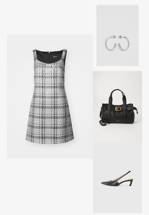Gray checkered dress with a square neckline, sleeveless design, and back zipper. Features a textured fabric with black accents.; Black pointy-toed slingback shoe with a low heel, featuring smooth leather material and cut-out design on the side for breathability.; Black leather handbag featuring a structured design, dual top handles, gold-tone buckle accent, and embossed brand logo at the front.; Silver hoop earrings with a smooth, shiny finish. Rounded shape, lightweight design, featuring a post-back closure.