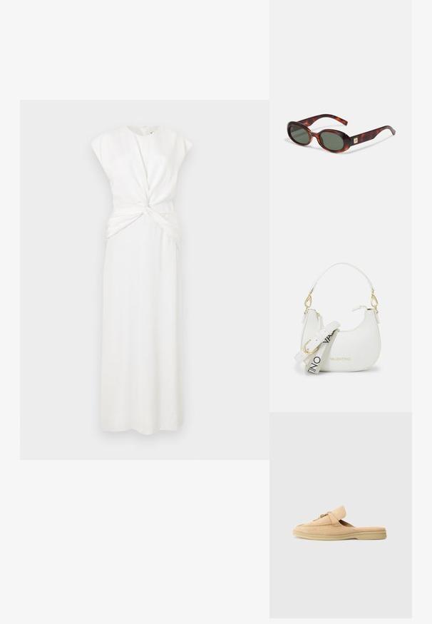 Weißes, ärmelloses Kleid mit hohem Ausschnitt und gedrehtem Vorderdesign. Lange, gerade Silhouette mit glatter Textur. Reißverschlussverschluss hinten.; Beige Wildleder Slipper mit runder Zehenpartie, dekorativer Naht und goldfarbenem Hardware-Akzent. Flache Sohle und weiche Innenauskleidung.; Schildkrötenmuster Sonnenbrille mit dunklen Gläsern, ovaler Form und breiten Bügeln. Verfügt über eine kleine goldene Akzentuierung an der Seite. Hergestellt aus glattem Kunststoff.; Weißes Handtasche mit geschwungener Silhouette, strukturiertem Leder, goldenen Beschlägen und einem abnehmbaren Tragegurt mit Logo- und Schnallendetails.