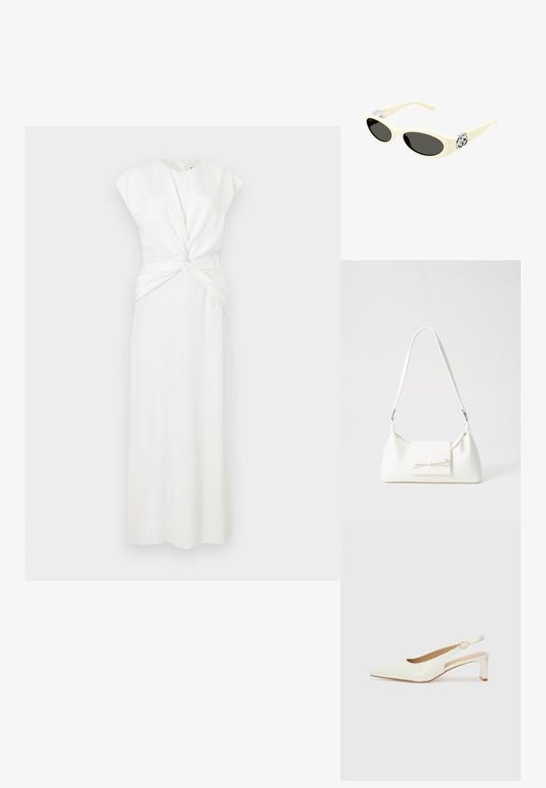 Bílé šaty bez rukávů s vysokým výstřihem a zkrouceným předním designem. Dlouhá, rovná silueta s hladkým povrchem. Zip na zadní straně.; Bílé lakované slingback boty s špičatou špičkou a nízkým blokovým podpatkem. Má decentní pásek se zlatě tónovanou sponou.; Námořnické sluneční brýle krémové barvy s oválnými skly, černým zabarvením a kovovými logovými akcenty na spáncích. Hladký povrch, design ve stylu kočičích očí.; Bílá syntetická kabelka v trojúhelníkovém tvaru, s plochým předním klopným víkem a detailem mašle, nastavitelným popruhem, hladkým povrchem a minimalistickým designem.