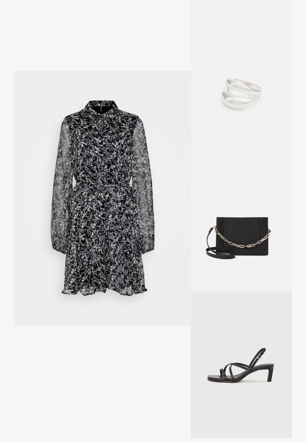 Musta kukallinen mekko, jossa on kauluspaita, pitkät läpikuultavat hihat ja hyvin määritelty vyötärö. Mekossa on valkoisia kukkakuoseja ympäriinsä ja röyhelöhelma.; Mustat hihnalligat, joissa on neliön muotoinen kärki ja matala lohkokorko. Ominaisuuksiin kuuluu useita ohuita hihnoja ja säädettävä nilkkahihna. Valmistettu sileästä nahasta.; Musta nahkainen olkalaukku, jossa on sileä pinta, suorakulmainen muoto ja metalliketju yksityiskohtana edessä. Mukana säädettävä hihna.; Hopeinen kaksinkertainen rengas, jossa on sileä, kiillotettu pinta. Siinä on sulava, kaareva muotoilu, jossa on päällekkäisiä osia modernin ilmeen saavuttamiseksi.