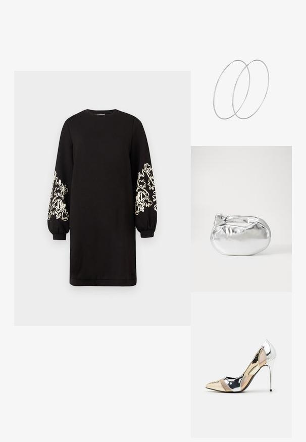 Melnas garas piedurknes kleitas ar apaļu kakla izgriezumu, nedaudz puffētām piedurknēm un baltu abstraktu ziedu izšuvumu uz apakšējām piedurknēm.; Apspīlēta augstpapēžu kurpe ar zeltītu, sudrabi un neitrālu krāsu kombināciju. Spīguļojoša virsma ar izgriezuma dizainu, aprīkota ar stiletto papēdi.; Sudraba metāliska poga somiņa ar mīkstu, noapaļotu formu un mezgla augšējo aizdari. Izgatavota no gludas mākslīgās ādas materiāla.; Sudraba gredzenveida auskari ar minimālistisku dizainu. Cirkulāra forma, gluda tekstūra un plāns profils. Vieglu svaru ar spīdīgu apdari.