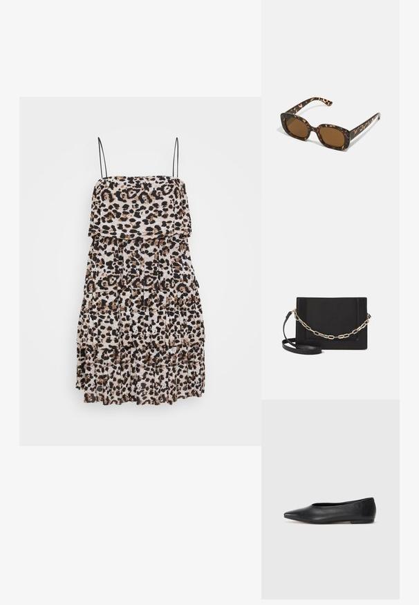 Vestido de estampa de leopardo com volantes em camadas, apresentando manchas pretas e bege sobre um fundo claro. Projetado com alças spaghetti ajustáveis.; Bailarina de couro preto, bico fino, design minimalista, textura suave, salto baixo, sem hardware ou embelezamentos visíveis.; Óculos de sol tartaruga com uma armação redonda e robusta e lentes castanhas. Apresenta padrões subtis e hastes direitas e afinadas.; Bolsa crossbody de couro preto com uma textura suave, forma retangular e um detalhe em corrente metálica na frente. Inclui uma alça ajustável.