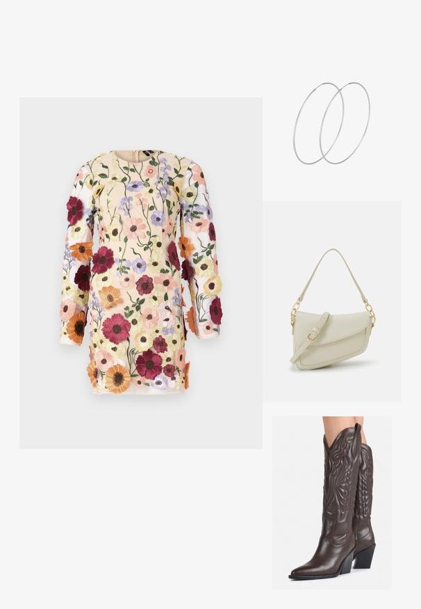 Izšūta kleita ar garām piedurknēm, kas rotāta ar ziedu rakstu rozā, sarkanā un lavandas krāsā uz kailas fona. Aizmugurē ir rāvējslēdzēja aizdare.; Brūni ādas kovboju zābaki ar norādītu purngalu un blokveida papēdi, ar detalizētu šūšanu un paceltiem akcentiem uz kājas daļas.; Maza krēmkrāsas rokas soma ar teksturētu apdari, garu regulējamu siksniņu, ķēdes akcentu un vāciņa aizdari. Zelta aparatūras detaļas.; Sudraba gredzenveida auskari ar minimālistisku dizainu. Cirkulāra forma, gluda tekstūra un plāns profils. Vieglu svaru ar spīdīgu apdari.