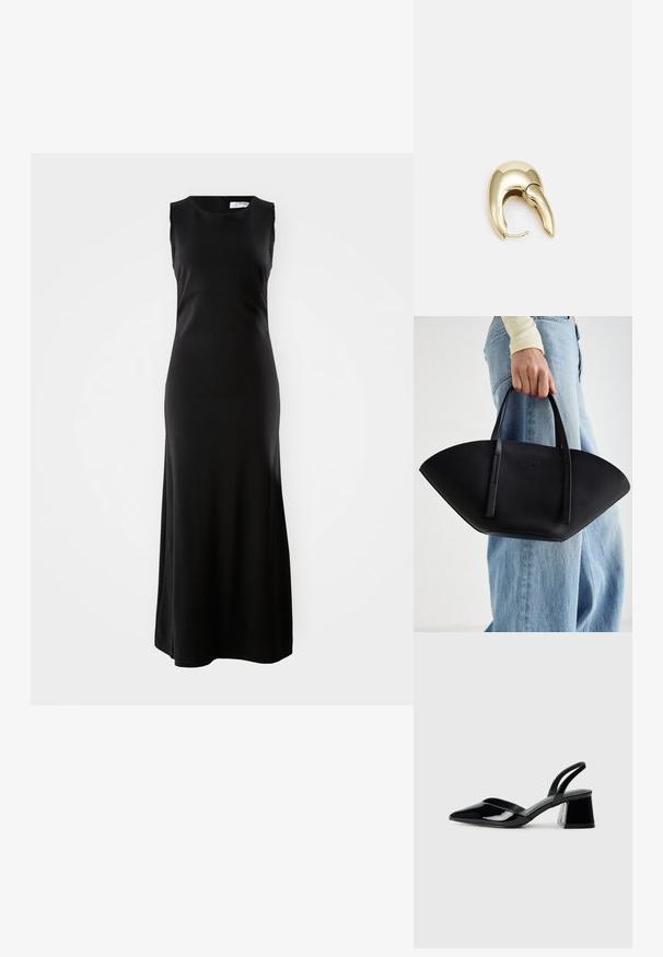 Rochie maxi neagră fără mâneci, realizată dintr-un material neted, având un decolteu rotund și o siluetă dreaptă cu un tiv lung până la podea.; Pantofi cu toc slingback din piele lacuită neagră, cu vârf ascuțit și toc geometric. Prezintă un design elegant, minimalist și o textură netedă.; Geantă de piele neagră cu o formă unică de evantai, având mânere plate. Suprafața are o textură cu mici granule și un design minimalist.; Cercei din metal de culoare aurie cu un design elegant și curbat. Prezintă o formă distinctivă, ascuțită, o suprafață lustruită și un sistem de închidere cu balama.