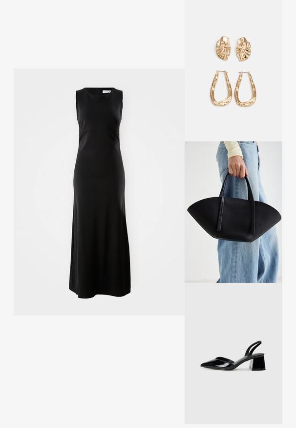 Fekete ujjatlan maxi ruha, sima anyagból készült, kerek nyakkivágással és egyenes sziluettel, amely padlóhosszúságú. ; Fekete lakk bőr szandálkés magas sarkú cipő, hegyes orral és geometrikus tömbsarkakkal. Karcsú, minimalista dizájn és sima textúra jellemzi.; Fekete bőr kézitáska egyedi legyezőformával, lapos füllel. A felülete kőriszerű textúrájú és minimalista dizájnnal rendelkezik.; Aranyszínű fülbevalók, texturált, hullámos formákkal. Tartalmazza a szobrászati klipszes studokat és az open hoop kialakítást, kalapácsos felülettel.