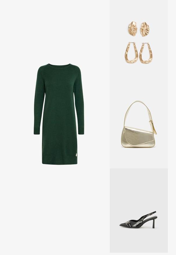 Robe tricotée verte à manches longues, col rond et poignets côtelés. Présente une petite étiquette de logo près de l'ourlet.; Chaussure slingback en cuir verni noir avec un embout pointu, des brides de cheville avec des boucles en argent et des éléments en métal, et un talon fin.; Sac à main en métal doré avec un design structuré, texture lisse et bandoulière ajustable. Présente une forme triangulaire unique et des coutures minimalistes.; Boucles d'oreilles dorées présentant des formes texturées et ondulées. Comprend des clips sculpturaux et un design de créoles ouvertes avec une finition martelée.