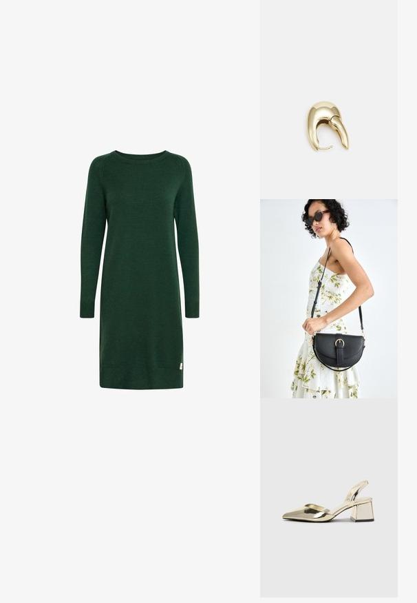 Groene gebreide jurk met lange mouwen, ronde halslijn en geribde manchetten. Voorzien van een klein logo-label nabij de zoom.; Gouden, metalen slingback hakken met een spitse neus en een chunky hak. Glad oppervlak, minimalistisch ontwerp en een smalle band.; Zwarte leren handtas met een gebogen vorm, afneembare schouderband en gouden hardware. De tas heeft een klep met een gespsluiting.; Gouden metalen oorbel met een slank, gebogen ontwerp. Beschikt over een kenmerkende puntige vorm, gepolijste oppervlakte en scharnier sluiting.