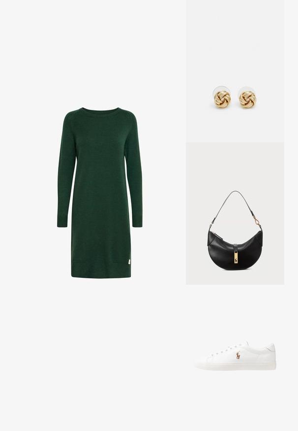 Žalia megzta suknelė ilgomis rankovėmis, apvalia iškirpte ir tinklinėmis rankogaliais. Prie apvado prisegtas mažas logotipo etiketas.; Baltos odinės sportbačiai, žemo profilio, su lygia tekstūra, apvalia nosimi, raištelių sistema priekyje ir mažyte siuvinėta logo šone.; Juodos odos rankinė pusmėnulio forma. Papuošta auksinėmis detalėmis ir siaura juosta. Lygi tekstūra, užtrauktuko uždarymas viršuje.; Aukso spalvos mazgo auskarai su sukimo dizainu. Kiekvienas auskaras turi apvalų skaidrų pagrindą, užtikrinantį saugų dėvėjimą.