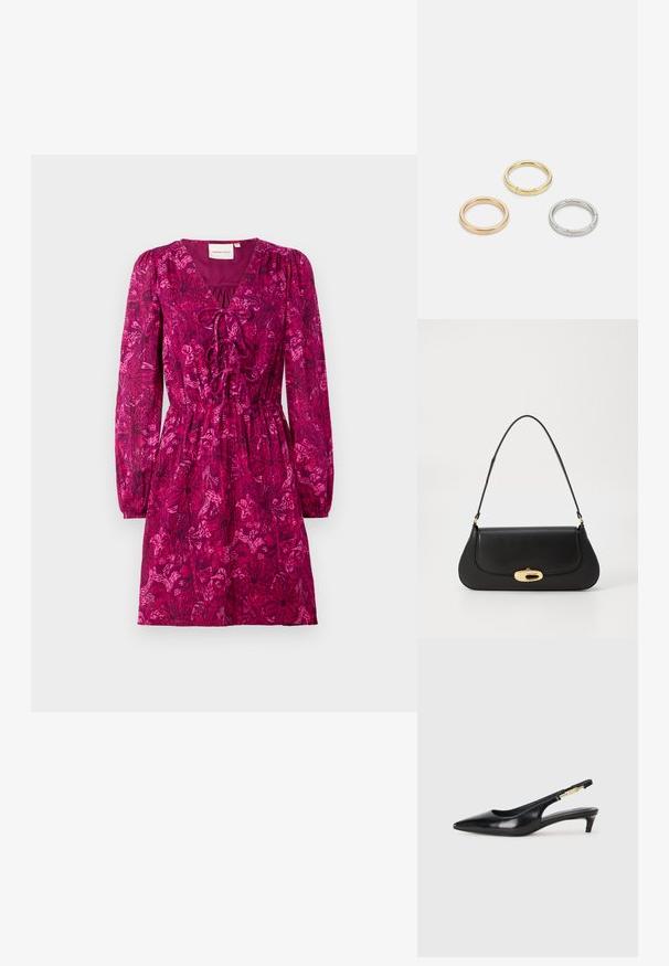 Fuchsia klänning med långa, puffiga ärmar och djup V-urringning. Har ett åtsittande midjeband och ett genomgående blommönster i mörkare nyanser.; Svart läder slingback-hälar med spetsig tå, med en smal klack och en guldtonad detalj på den justerbara remmen. Slät textur.; Svart läderhandväska med en böjd design, hårdvara i guldton, och ett handtag ovanpå. Har en snygg stängning och en mjuk yta.; Tre metallringar: en roséguld, en guld med texturerade detaljer och en silver, alla med ingraverad märkning på den inre ringen.