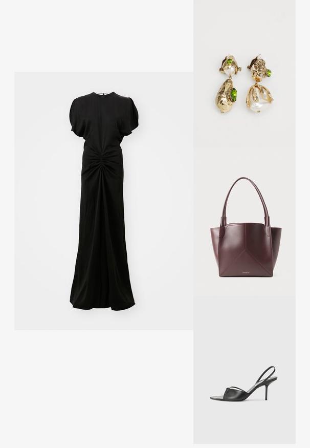 Musta lattiamittainen mekko lyhyillä puff-solveilla, gathers-tiedotuksella vyötäröllä ja sileällä, virtaavalla tekstuurilla. Piilotettu takana oleva vetoketjukiinnitys.; Mustat nahkaslingback-kengät, joissa on terävä kärki, ohut nilkkaremmi ja stiletto-korko. Yksityiskohtana on solmittu detali vampissä.; Musta ruskea nahkainen olkalaukku, jossa on kaksi kahvaa ja geometrinen paneelipisto, sisältäen pienen kultaisen bränditekstin lähellä alaosaa.; Kultakuvioiset korvakorut esittävät epäsäännöllisiä teksturoituja muotoja, joita koristavat vihreät kivet ja valkoiset helmet. Ne on varustettu klipsikiinnityksillä.