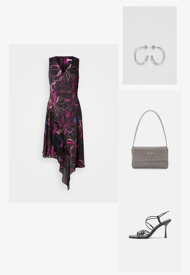 Ujjatlan fekete ruha élénk rózsaszín és kék virágmintával, aszimmetrikus szegéllyel és V-alakú nyakkivágással. Az anyag könnyűnek és folyékonynak tűnik.; Fekete magas sarkú szandálok vékony pántokkal, csomózott mintával, sima négyzetes orral és karcsú stiletto sarkal rendelkeznek.; Világosszürke fémes kézitáska lánc pánttal, kis kör alakú fém kifinomult díszítéssel és háromszög alakú márkagéppel.; Ezüst karika fülbevalók sima, fényes felülettel, ívelt formával és postazáras zárral. Minimalista, modern kivitel.