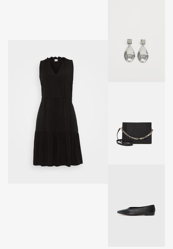 Rochie neagră fără mâneci, cu decolteu în V, guler pliat, talie cu șnur și fustă în straturi. Fabricată dintr-un material ușor pentru confort.; Balerini din piele neagră, vârf ascuțit, design minimalist, textură netedă, toc de mică înălțime, fără hardware sau embellishments vizibile.; Geantă de umăr din piele neagră, cu o textură netedă, formă rectangulară și un detaliu din lanț metalic în față. Include curea reglabilă.; Cercei din argint cu stud pătrat, având un finisaj neted și lustruit, într-o formă de lacrimă, care reflectă lumina cu o suprafață lucioasă.