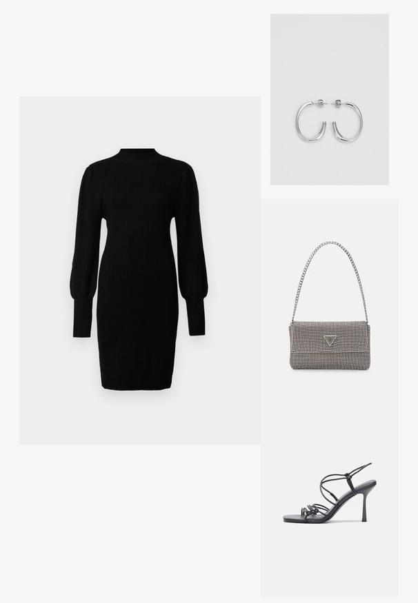 Melnā adīta kleita ar augstu kakla izgriezumu, ribotu tekstūru, garām bumbierveida piedurknēm un pieguļošu siluetu, kas sasniedz viduscīps.; Melnas augstpapēžu sandales ar plāniem siksniņām un mezgla dizainu, gluda kvadrātveida purngalu un elegantu stiletto papēdi.; Gaiši pelēka metāla rokassoma ar ķēdes siksnu, rotāta ar mazām apaļām metāla kniedēm un trīsstūra zīmola logo.; Sudraba stīpas auskari ar gludu, spīdīgu virsmu, izceļas ar izliektaveida formu un aizdari ar tapu. Minimālistisks dizains ar mūsdienīgu apdari.