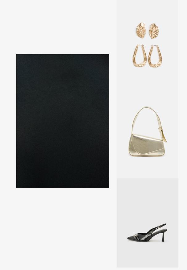 Črn material z gladko, mat teksturo, ki ima dosledno barvo in minimalen sijaj. Brez vzorcev ali dekorativnih detajlov.; Črne patentne usnjene sandale s koničastim nosom, zankami okoli gležnja s srebrnimi sponkami in opremo ter vitkimi petami.; Zlata metalna torbica z urejenim dizajnom, gladko teksturo in nastavljivim trakom. Ima edinstveno trikotno obliko in minimalistično šivanje.; Zlato obarvani uhani z teksturiranimi, valovitimi oblikami. Vključujejo skulpturalne sponke za ušesa in odprto obliko obročka s kladivastim finišem.