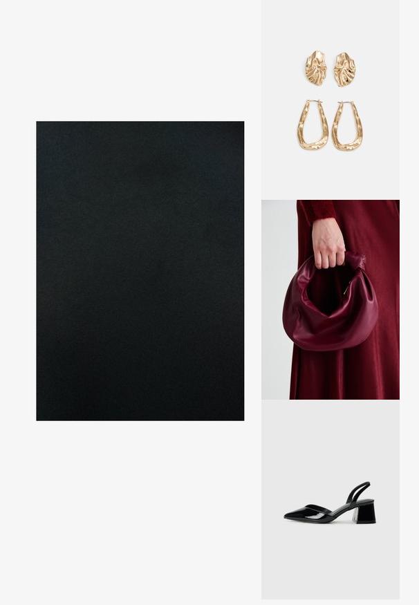 Černá látka s hladkým matným povrchem, se stálou barvou a minimálním leskem. Bez vzorů nebo ozdobných detailů.; Černé lakované kožené lodičky na pásku s špičatou špičkou a geometrickým blokovým podpatkem. Vyznačují se elegantním, minimalistickým designem a hladkým povrchem.; Burgundská kožená kabelka s měkkým, nabíraným designem a zaobleným tvarem. Ucho je zajištěné a vykazuje hladkou texturu.; Náušnice ve zlatém tónu s texturovanými, vlnitými tvary. Obsahují sochařské klipy a design otevřeného kruhu s kladivkovým povrchem.