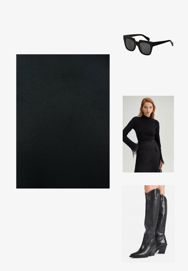 Must sujuv materjal, millel on ühtlane värv ja minimaalne sära. Mustus on ilma mustriteta või dekoratiivsete detailideta.; Must musta särk, millel on kõrge kaelus ja sulgedega äärised varrastes, kombineeritud kõrge vöökohtadega musta seelikuga, millel on suured nupud.; Mustad mustad põlvekõrgused saapad terava ninaga, kumer varras ja jäme konts. Omab siledat tekstuuri ja tõmblukke ülaosas.; Mustad mustad prillid paksude plastikraamide ja tumedate läätsedega. Käed on stiilsed läikiva viimistlusega ja minimaalse brändimisega.; Mustroone nahast käekott kaarjate vormidega, kuldse tooni detailide ja ülemise käepideme ning sujuva sulgemise ja sileda tekstuuriga.