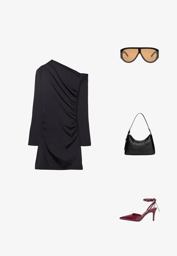 Črna obleka z enostranskim dizajnom, dolgim rokavom in nabranim videzom na strani. Narejena iz mehkega, raztegljivega materiala.; Bordo usnjeni čevlji z visokim petam, z ostrim nosom, odprtimi stranmi in trakovi okoli gležnja. Imajo eleganten dizajn in gladko teksturo.; Črne oversize sončna očala s svetlobno rjavo lečo, ki imajo široke, angularne okvirje in ravne ročke. Gladka, sijajna površina, minimalno stikalo.; Črna sintetična usnjena torbica s ukrivljeno obliko, kratko ročico, zapiranjem na zadrgo in subtilnim teksturiranim vzorcem na površini.