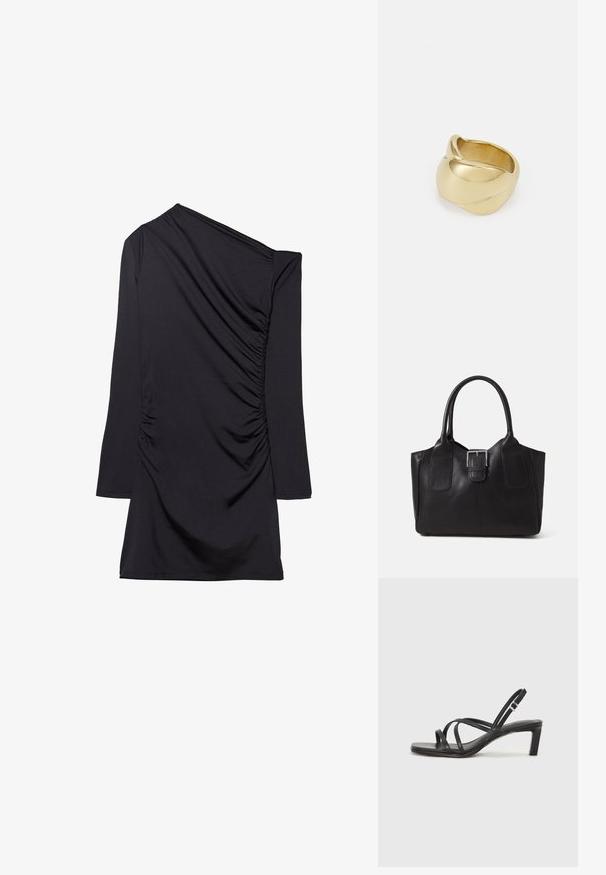 Schwarzes Kleid mit einem einseitigen Design, langem Ärmel und gerafftem Stoff an der Seite. Hergestellt aus weichem, dehnbarem Material.; Schwarze Sandale mit Riemchen, quadratischer Zehenform und niedrigem Blockabsatz. Verfügt über mehrere dünne Riemen und einen verstellbaren Knöchelriemen. Hergestellt aus glattem Leder.; Schwarze Leder-Tote mit glatter Textur, strukturiertem Design, zwei Griffen und einem auffälligen silbernen Schnallen-Detail auf der Vorderseite.; Goldfarbener Ring mit einem glatten, gedrehten Design. Er verfügt über eine polierte Oberfläche und abgerundete Kanten, die eine nahtlose, fließende Form erzeugen.