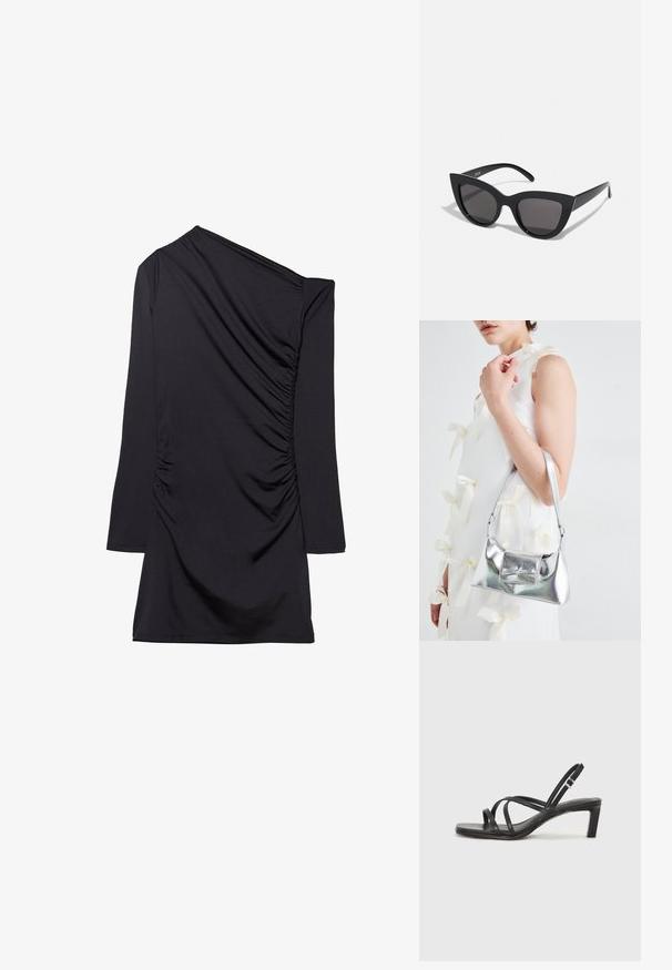Schwarzes Kleid mit einem einseitigen Design, langem Ärmel und gerafftem Stoff an der Seite. Hergestellt aus weichem, dehnbarem Material.; Schwarze Sandale mit Riemchen, quadratischer Zehenform und niedrigem Blockabsatz. Verfügt über mehrere dünne Riemen und einen verstellbaren Knöchelriemen. Hergestellt aus glattem Leder.; Schwarze Cat-Eye-Sonnenbrille mit matter Oberfläche, grauen getönten Gläsern, scharfen Kanten und schlanken Bügeln. Der Markenname ist auf dem inneren Bügel sichtbar.; Silberne metallische Handtasche mit strukturierter Form, ausgestattet mit einem oberen Griff und einer Schleifenapplikation auf der Vorderseite. Glatte Textur, reflektierendes Finish.