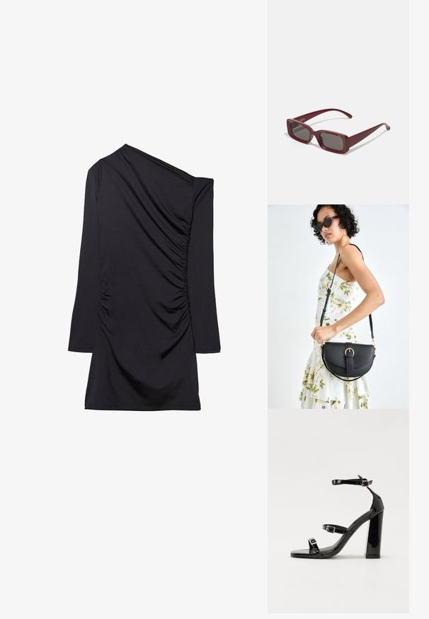 Svart klänning med en axel, lång ärm och gatherad textur på sidan. Tillverkad av mjukt, stretchigt tyg.; Svarta lackerade klacksandaler med fyrkantig tå, ankelremmar och silverfärgade spännen. Har en kraftig blockklack för stabilitet.; Burgunderfärgade rektangulära solglasögon med mörka linser, tjocka bågar och avsmalnande skalmar. Tillverkade av en glänsande plast med en smidig textur.; Svart läderhandväska med en böjd form, avtagbar rem och guldiga detaljer. Väskan har ett lock med en spänndetalj.