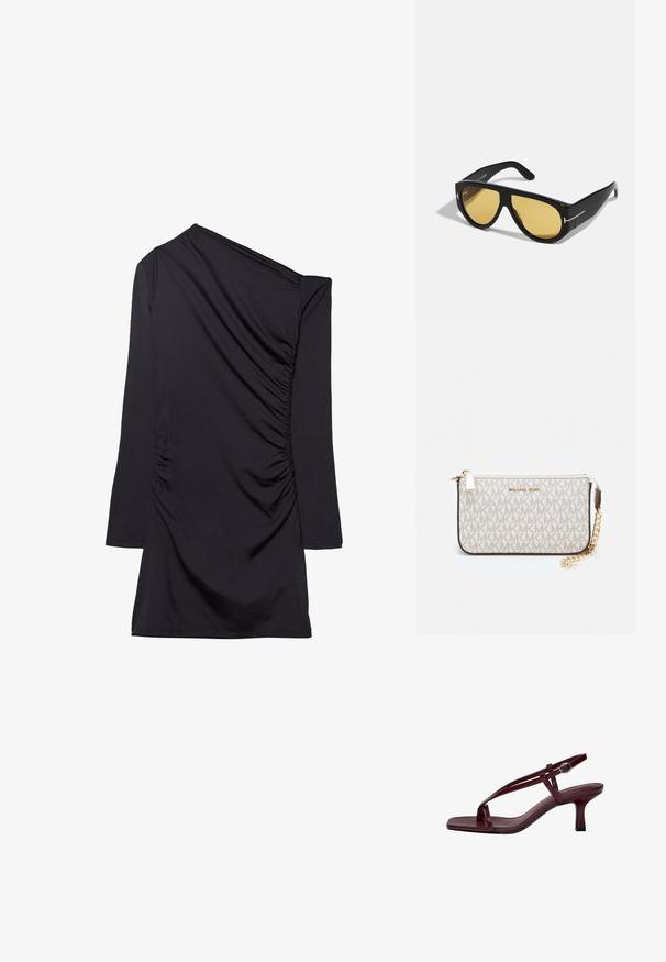 Abito nero con design monospalla, manica lunga e texture arricciata sul lato. Realizzato in tessuto morbido ed elastico.; Sandali con tacco alto color bordeaux con punta quadrata, cinturini sottili e fibbia alla caviglia. Texture in pelle liscia e tacco a blocco snodato.; Occhiali da sole neri con montatura geometrica, lenti gialle e dettagli dorati sulle stanghette. Texture liscia, forma ampia, design contemporaneo.; Wristlet Michael Kors in tela rivestita beige con motivo a logo MK ripetuto, hardware dorato e tracolla a catena staccabile.