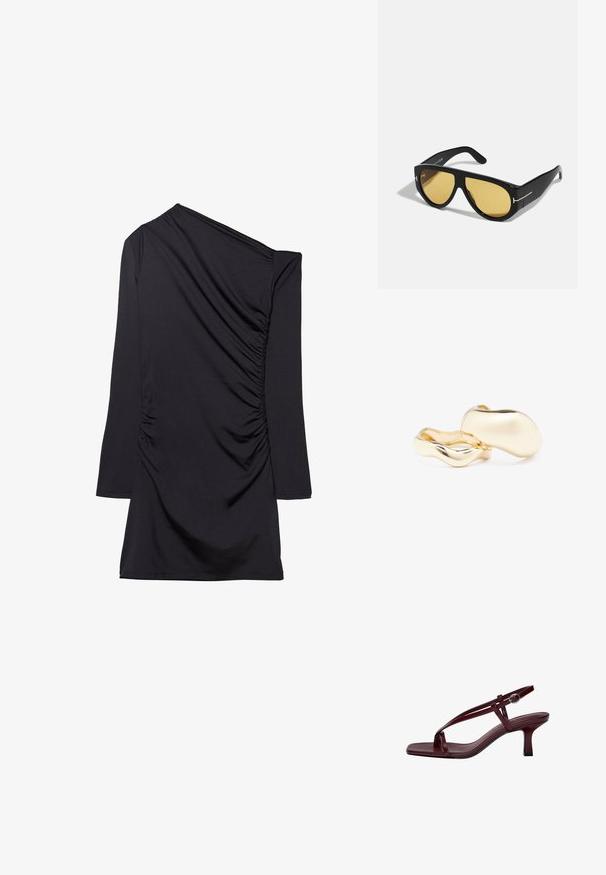 Robe noire avec un design une épaule, manches longues et texture froncée sur le côté. Fabriquée en tissu doux et extensible.; Sandales à talons hauts bordeaux avec un orteil carré, des lanières fines et une boucle au niveau de la cheville. Texture en cuir lisse et un talon bloc fin.; Lunettes de soleil noires avec une monture géométrique, verres jaunes et accents dorés sur les branches. Texture lisse, forme large, design contemporain.; Boucles d'oreilles de couleur or avec une forme organique, semblable à des haricots, et une surface lisse et réfléchissante ; elles présentent un design minimaliste sans matériel visible.