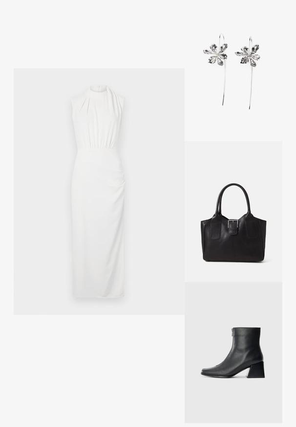White sleeveless dress with a high neckline, gathered waist, and floor-length skirt; smooth fabric with subtle draping and textural detail.; Black leather ankle boot with square toe, side zipper, and block heel against plain light background.; Black leather tote bag with smooth texture, structured shape, two handles, and a prominent silver buckle detail on the front.; Silver flower-shaped earrings with a textured finish, featuring long hooks and petal-like details for an intricate design.
