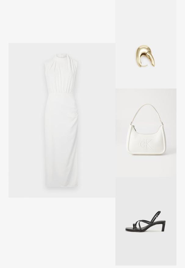 Hvit ermeløs kjole med høy hals, samlet midje og gulvlang skjørt; glatt stoff med subtil drapering og teksturelle detaljer.; Sorte sandaler med stropper, firkantet tå og lav blokk hæl. Har flere tynne stropper og en justerbar ankelstropp. Laget av glatt lær.; Hvit lærveske med en buet fasong, med et preget "CK"-logo på forsiden og en enkel skulderstropp. Glidelåslukking på toppen.; Gullfarget metalløredobber med et elegant, buet design. Har en karakteristisk spiss form, polert overflate og hengsel-lukking.