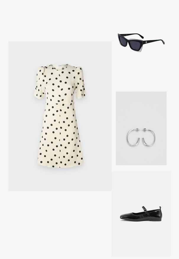 Šaty s krátkym rukávom vyrobené z krémovej látky s čiernymi bodkami, s okrúhlym výstrihom, priliehavým pásom a rozšírenou sukňou.; Čierne lakované baleríny s špicatou špičkou, remienkom na členku so sponou a hladkým, lesklým povrchom. Nízky podpätok pre pohodlie.; Čierne oversized slnečné okuliare s geometrickým tvarom, s tmavými šošovkami a kontrastným šedým detailom na ráme. Logo na mostíku.; Strieborné kruhové náušnice s hladkým a lesklým povrchom. Okrúhly tvar, ľahký dizajn, s uzáverom na kolík.